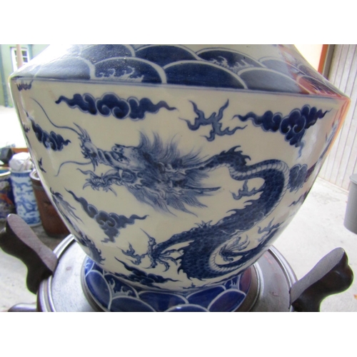 842 - Large Oriental Blue and White Vase Shape Form with Stand Vase Approximately 26 Inches High Stand App... 