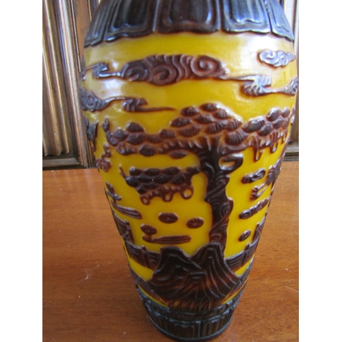 860 - Peking Glass Vase Yellow Overlaid Ground Decoration Approximately 12 Inches High