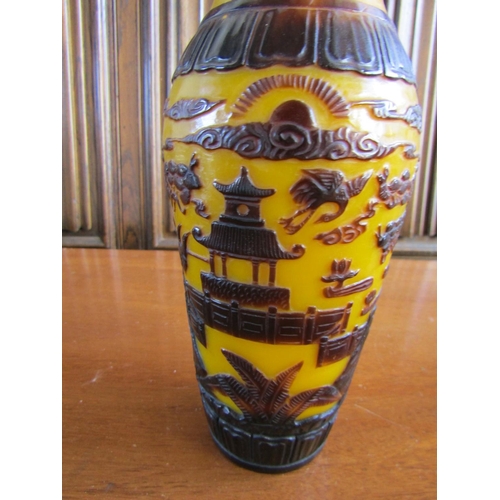 860 - Peking Glass Vase Yellow Overlaid Ground Decoration Approximately 12 Inches High