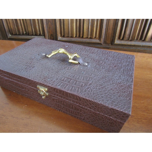 861 - Leather Bound Jewellery Box Equestrian Motif Handle Approximately 12 Inches Wide