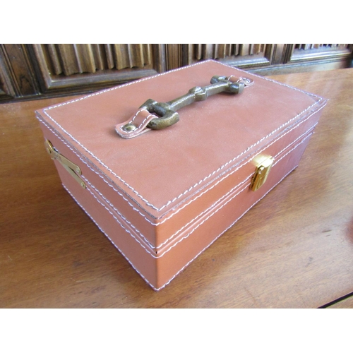 862 - Leather Upholstered Jewellery Box Rectangular Form with Equestrian Horse Bit Handle 10 Inches Wide