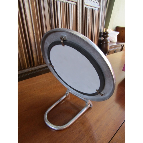 863 - Designer Circular Form Chrome Plated Table Mirror with Backrest Approximately 12 Inches High