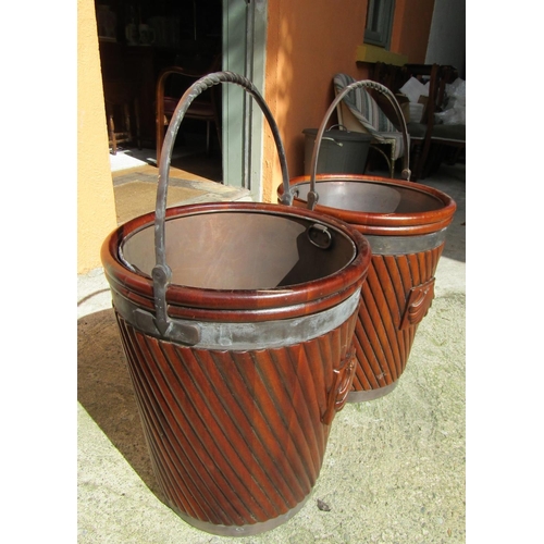 867 - Pair of Mahogany Peat Buckets Each Approximately 22 Inches High with Liners Swing Handles and Shell ... 