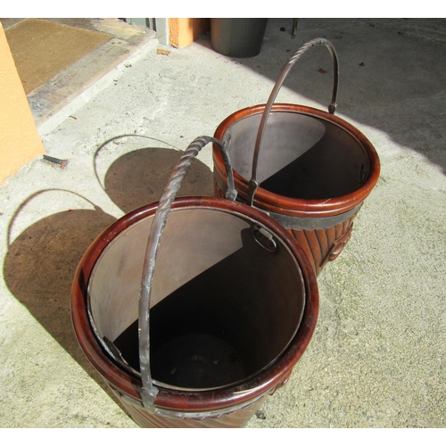 867 - Pair of Mahogany Peat Buckets Each Approximately 22 Inches High with Liners Swing Handles and Shell ... 