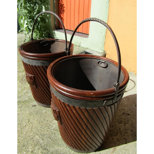 867 - Pair of Mahogany Peat Buckets Each Approximately 22 Inches High with Liners Swing Handles and Shell ... 