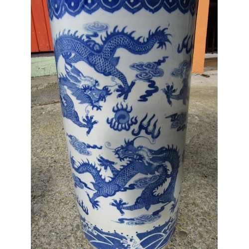 868 - Oriental Blue and White Circular Form Stick and Umbrella Stand Dragon Motifs Approximately 20 Inches... 