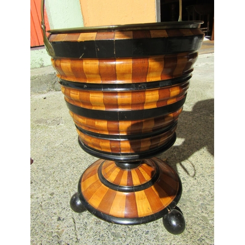 870 - Antique Ribbed Form Walnut and Ebonised Oyster Bucket with Brass Liner Now Used as Planter Bun Suppo... 