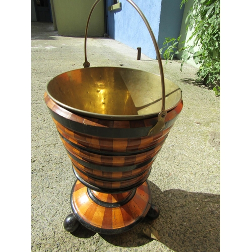 870 - Antique Ribbed Form Walnut and Ebonised Oyster Bucket with Brass Liner Now Used as Planter Bun Suppo... 