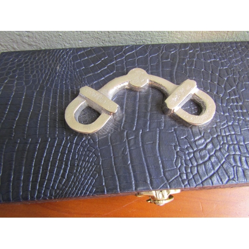 876 - Leather Upholstered Dark Navy Equestrian Motif Decorated Jewellery Box Approximately 11 Inches Wide