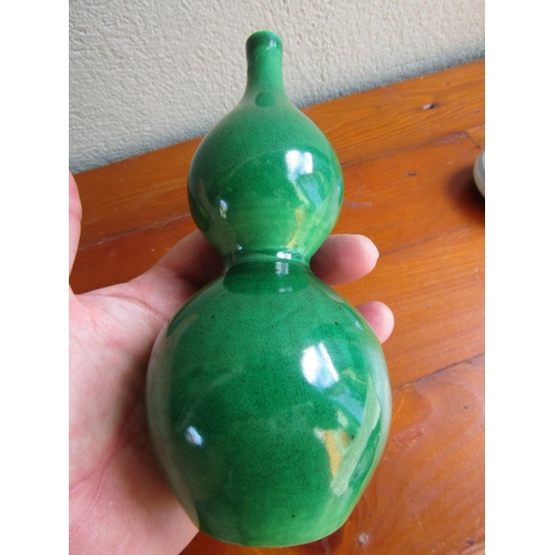 878 - Oriental Green Ground Double Gourd Vase Approximately 7 Inches High Signed with Characters to Base