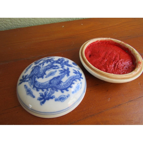 886 - Oriental Blue and White Porcelain Seal Paste Dish with Cover Dragon Motif Decoration to Cover Signed... 