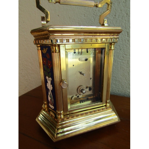 887 - Attractive Brass Bound Enamel Decorated Carriage Clock of Large Size Approximately 6 Inches High Rom... 