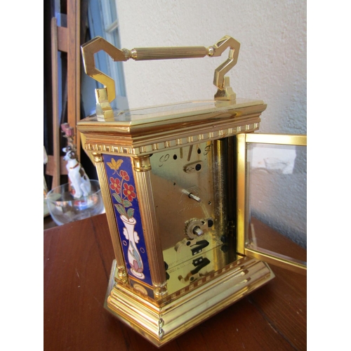 887 - Attractive Brass Bound Enamel Decorated Carriage Clock of Large Size Approximately 6 Inches High Rom... 