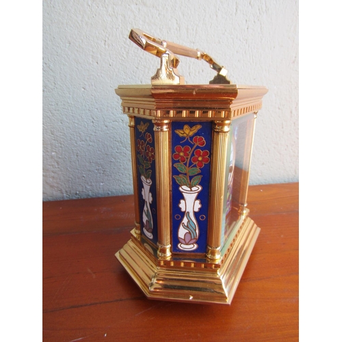 887 - Attractive Brass Bound Enamel Decorated Carriage Clock of Large Size Approximately 6 Inches High Rom... 