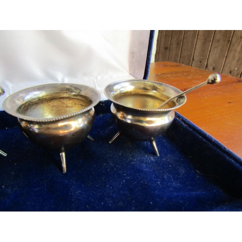 888 - Set of Four Silver Skillet Pot Form Salts with Two Salt Spoons