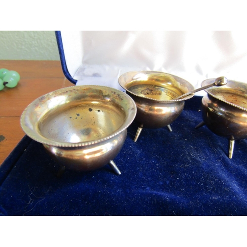 888 - Set of Four Silver Skillet Pot Form Salts with Two Salt Spoons