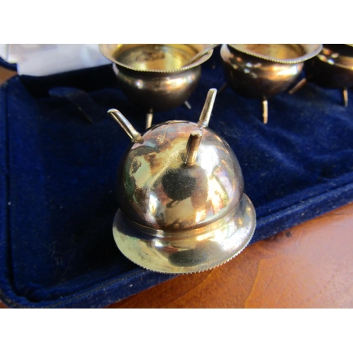 888 - Set of Four Silver Skillet Pot Form Salts with Two Salt Spoons