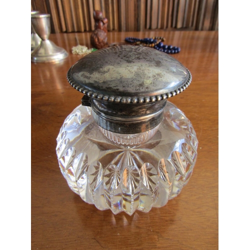 Silver Top Cut Crystal Desk Jar with Hinged Cover Approximately 4 Inches High