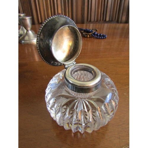 895 - Silver Top Cut Crystal Desk Jar with Hinged Cover Approximately 4 Inches High