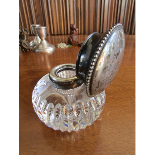 895 - Silver Top Cut Crystal Desk Jar with Hinged Cover Approximately 4 Inches High