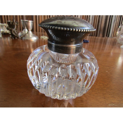 895 - Silver Top Cut Crystal Desk Jar with Hinged Cover Approximately 4 Inches High