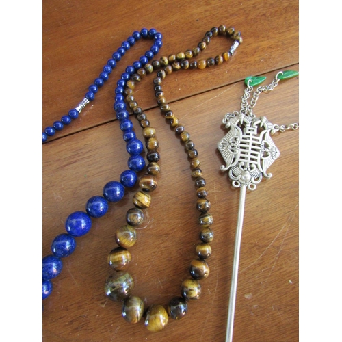 899 - Tiger's Eye Necklace Graduated Form with Lapis Lazuli Example and Oriental Hair Pin with Carved Jade... 