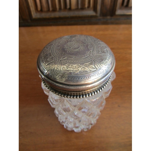 907 - Silver Top Hobnail Cut Crystal Desk Jar Circular Form Approximately 4 Inches High