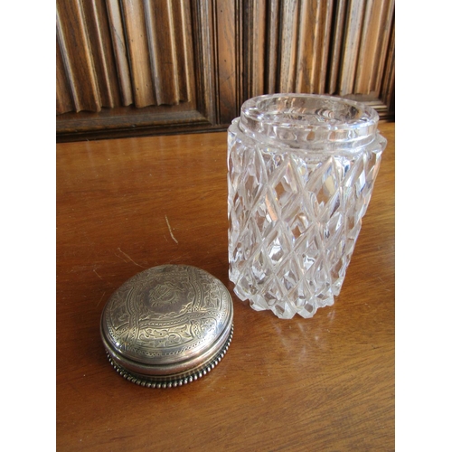 907 - Silver Top Hobnail Cut Crystal Desk Jar Circular Form Approximately 4 Inches High