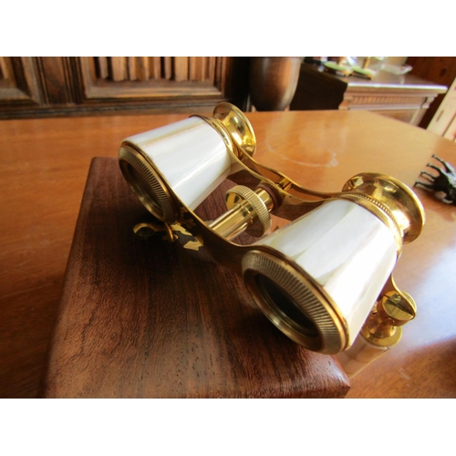 908 - Pair of Mother of Pearl Inlaid Brass Bound Opera Glasses with Carry Case