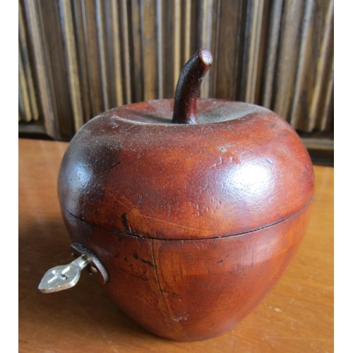 925 - Carved Wooden Apple Form Tea Caddy with Silverfoil Lined Interior Key Present Hinged Cover