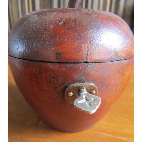 925 - Carved Wooden Apple Form Tea Caddy with Silverfoil Lined Interior Key Present Hinged Cover