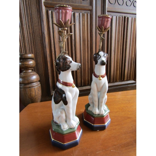 926 - Pair of Porcelain Canine Motif Candle Rests Ormolu Mounted Each Approximately 10 Inches High