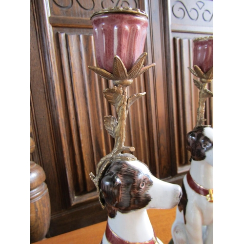 926 - Pair of Porcelain Canine Motif Candle Rests Ormolu Mounted Each Approximately 10 Inches High