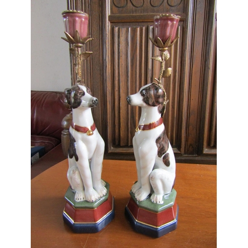 926 - Pair of Porcelain Canine Motif Candle Rests Ormolu Mounted Each Approximately 10 Inches High