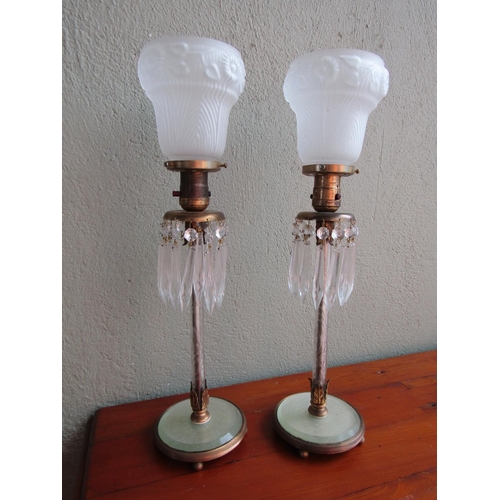 928 - Pair of Edwardian Table Lamps with One Shade Hanging Crystal Lusters Present Enamel Decoration with ... 