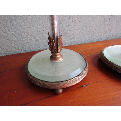 928 - Pair of Edwardian Table Lamps with One Shade Hanging Crystal Lusters Present Enamel Decoration with ... 