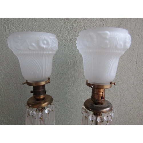 928 - Pair of Edwardian Table Lamps with One Shade Hanging Crystal Lusters Present Enamel Decoration with ... 