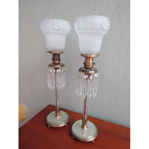 928 - Pair of Edwardian Table Lamps with One Shade Hanging Crystal Lusters Present Enamel Decoration with ... 