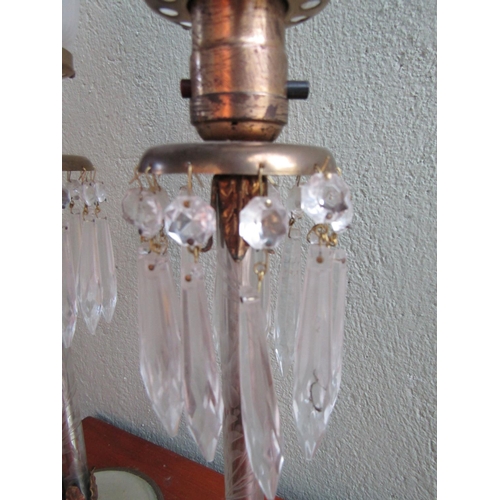 928 - Pair of Edwardian Table Lamps with One Shade Hanging Crystal Lusters Present Enamel Decoration with ... 