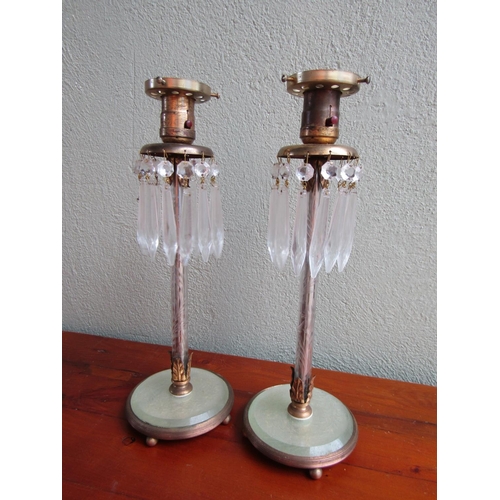 928 - Pair of Edwardian Table Lamps with One Shade Hanging Crystal Lusters Present Enamel Decoration with ... 