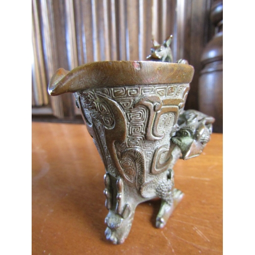 931 - Eastern Bronze Table Sensor with Mythical Beast Motif Support Approximately 4 Inches High