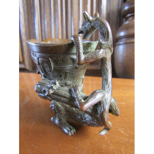 931 - Eastern Bronze Table Sensor with Mythical Beast Motif Support Approximately 4 Inches High