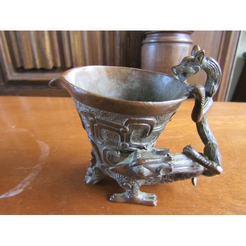 931 - Eastern Bronze Table Sensor with Mythical Beast Motif Support Approximately 4 Inches High