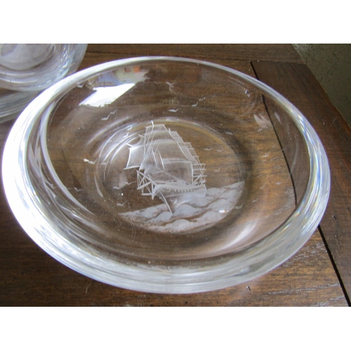 932 - Crystal Serving Dish Engraved Galleon Motif to Center and  Deep Crystal Bowl Two Pieces in Lot Large... 