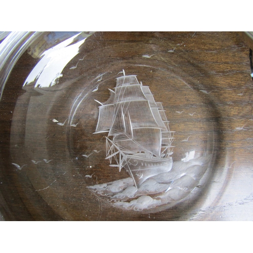 932 - Crystal Serving Dish Engraved Galleon Motif to Center and  Deep Crystal Bowl Two Pieces in Lot Large... 