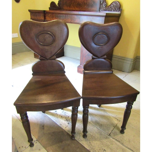 933 - Pair of William IV Hall Chairs Mahogany Shaped Back Supports Above Turned Supports