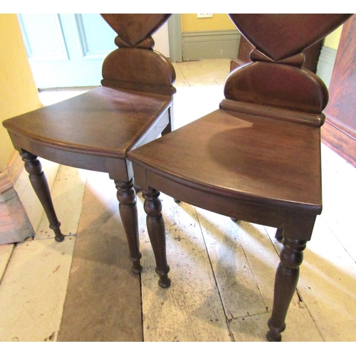 933 - Pair of William IV Hall Chairs Mahogany Shaped Back Supports Above Turned Supports