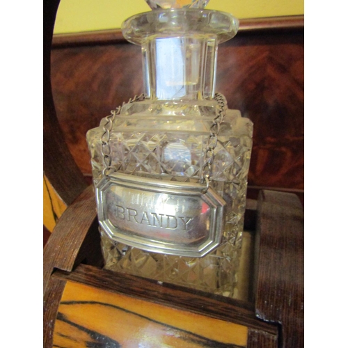 937 - Brandy Decanter with Coromandel Wood Rest with Single Pull-out Drawer Key and Silver Decanter Label ... 