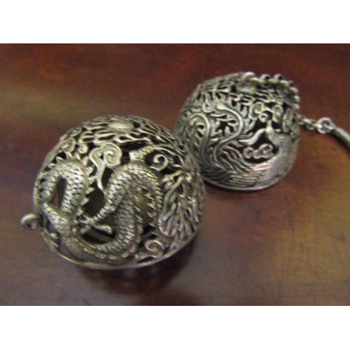 939 - Chinese Silver Dragon Motif Decorated Sensor Globe Form with Fitted Interior and Original Hanging Ch... 