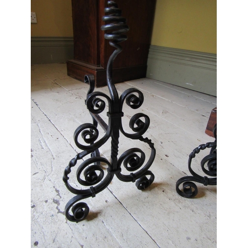 942 - Pair of Blacksmiths Hand Forged Wrought Metal Andirons Scrolled Form Each Approximately 14 Inches Hi... 